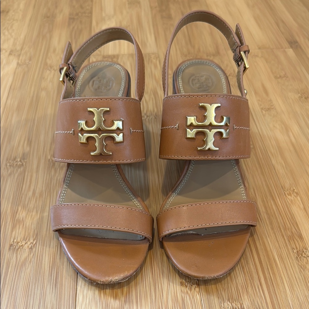 Tory Burch Brown Leather Sandals with Gold Logo